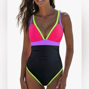 Neon Pink and Black One-Piece Swimsuit